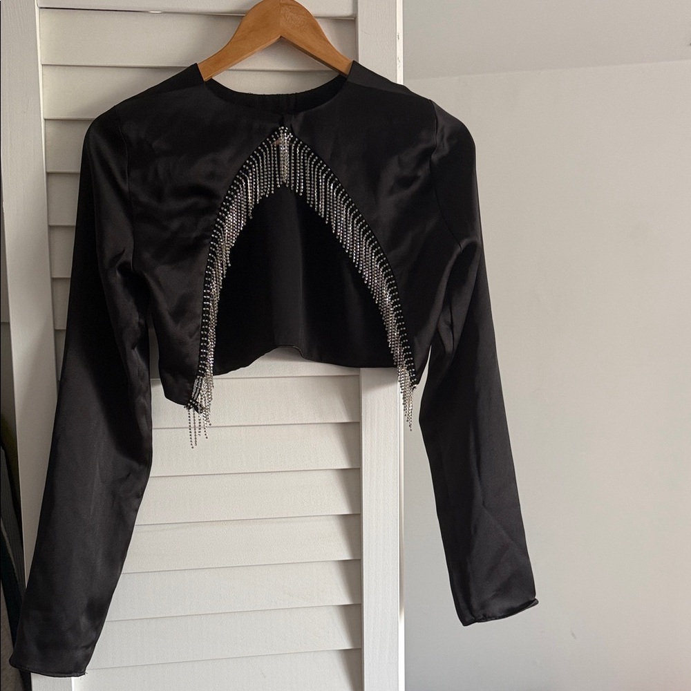 Zara rhinestone tassels long sleeved black crop top